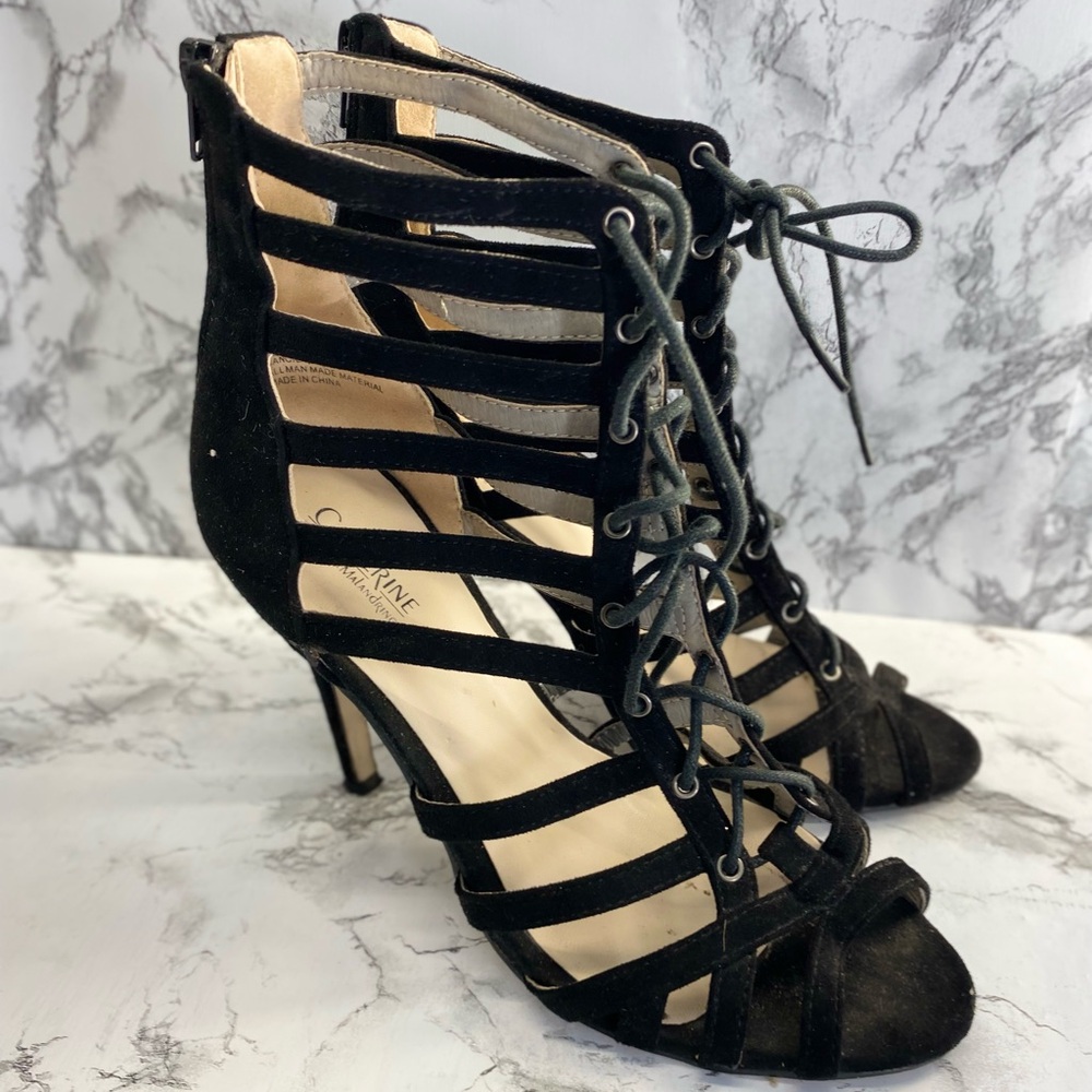 Catherine Malandrino Black Cage / Gladiator Lace up 4.5 inch heels size 9